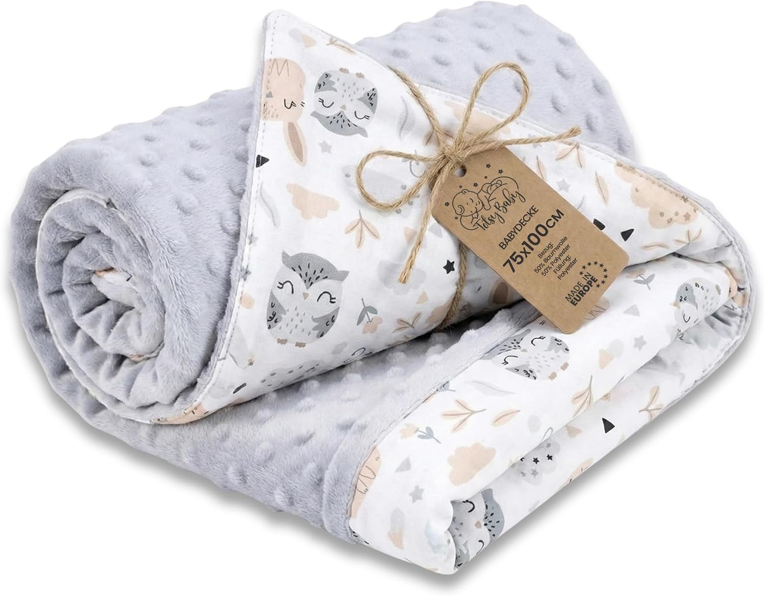 Totsy Baby Manta Bebe Polar Manta para Todo el año 100x75 cm Invierno Doble Cara – Minky algodón calentita Suave Mimosa Infantil recién Nacido – Manta Cuna Carrito Oeko-Tex Búhos + Gris Claro