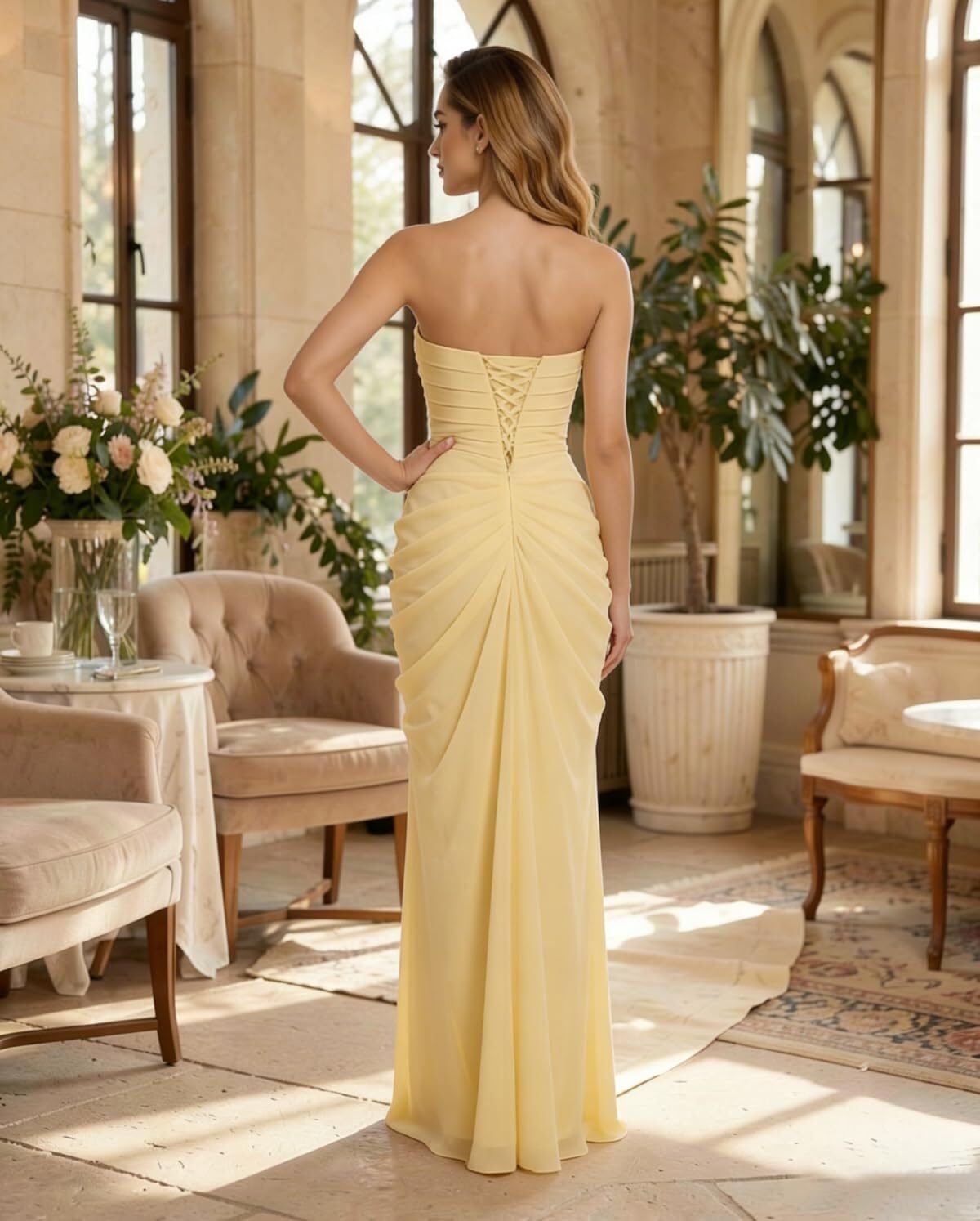 Vestito di Ballo 2026 Senza Spalline Chiffon Abito da Sera Sirena Lungo con Spacco Abito Damigella Matrimonio Donna Invitata Cerimonia con Corsetto
