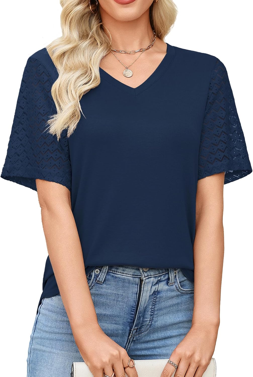 Totatuit Women's V Neck Casual Tops Lace Short Sleeve Summer Tunic Shirts for Women Loose Fit Breathable Cotton Blouses