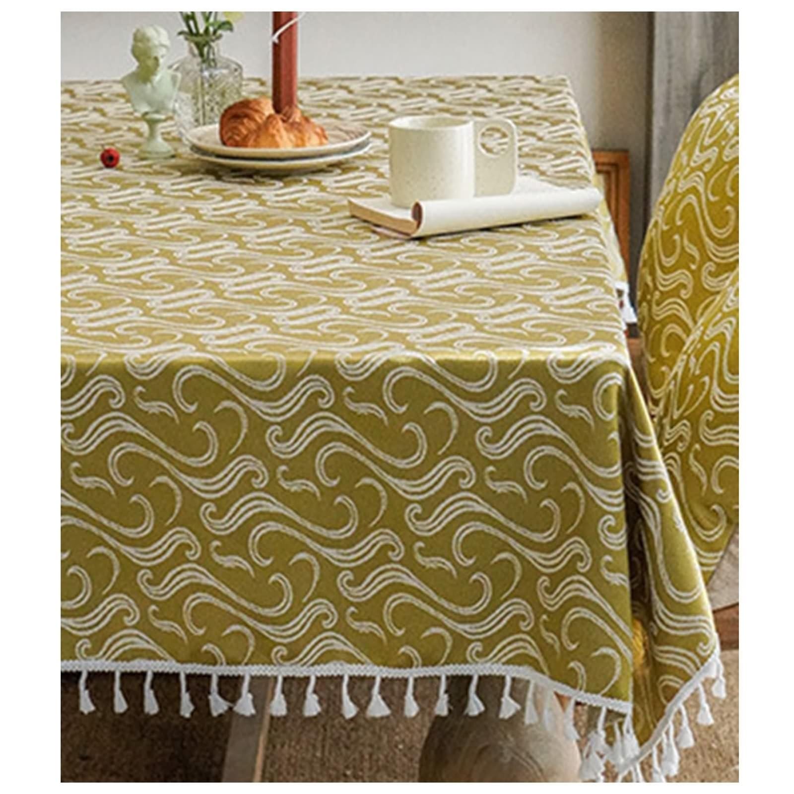 Nappe Rectangulaire 135x200 cm, Nappe Anti Tache en Lin 4-6 Personnes Broderie Vague avec Pompons