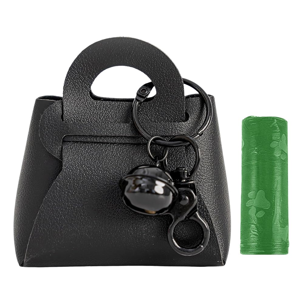 CALFOVERA Reusable PU Leather Dog Leash Poop Bag Keychain with Alloy Clasp Soft Portable Doggie Waste Pet Poops Holder Dispenser for Travel Walking Dogs Park Outdoors Supplies(Black)