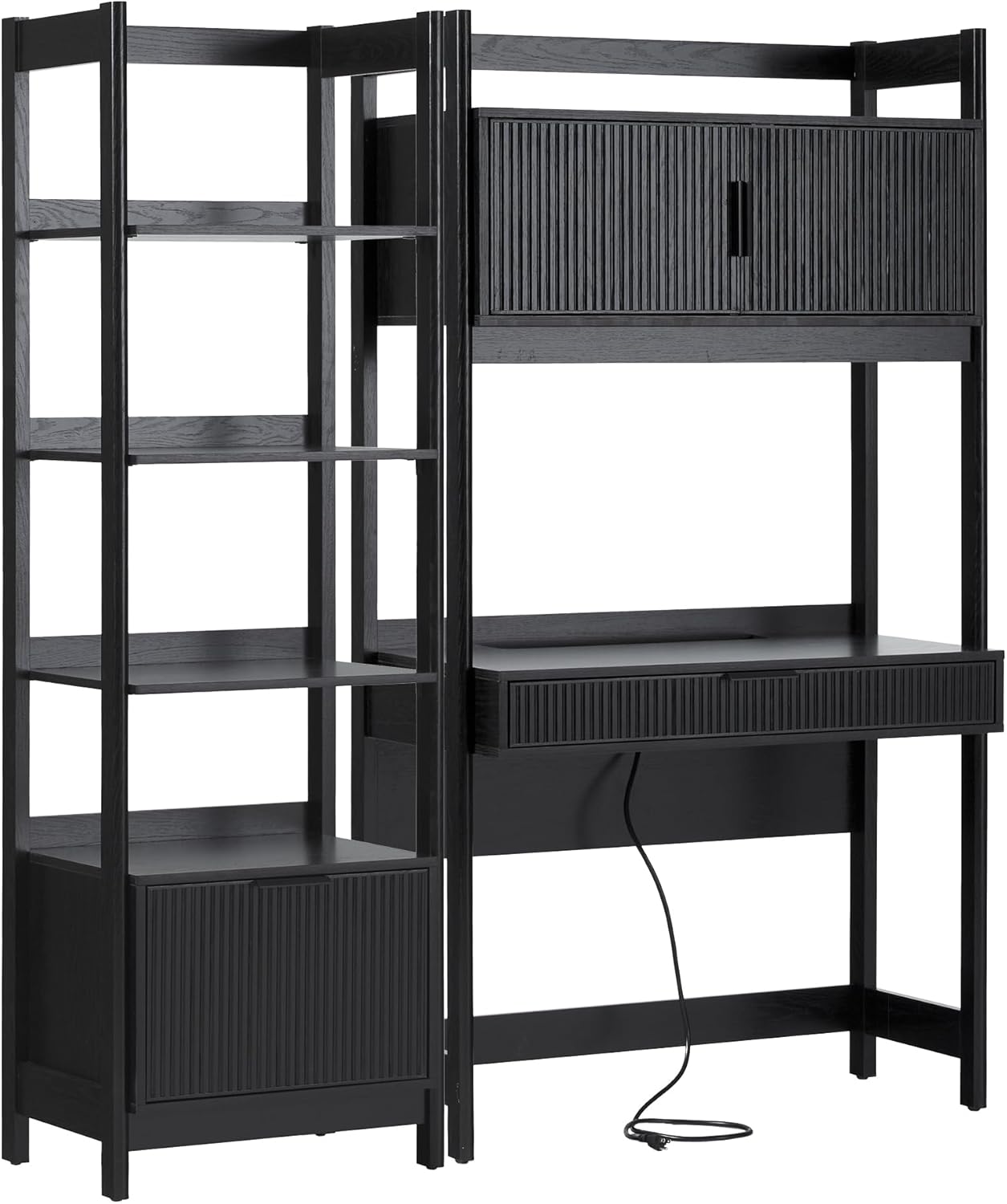 Walker Edison Transitional 2-Piece Hutch Desk with Narrow Bookcase, Reeded Drawer Fronts, Built-in outlets and USB Ports, Set of 2, Black