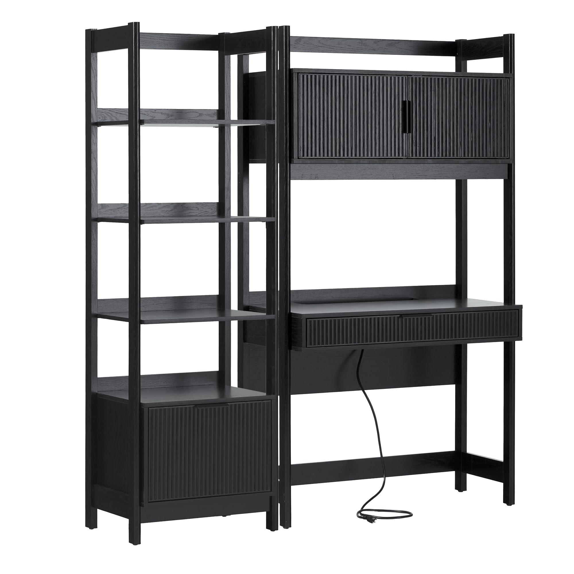 Walker Edison Transitional 2-Piece Hutch Desk with Narrow Bookcase, Reeded Drawer Fronts, Built-in outlets and USB Ports, Set of 2, Black