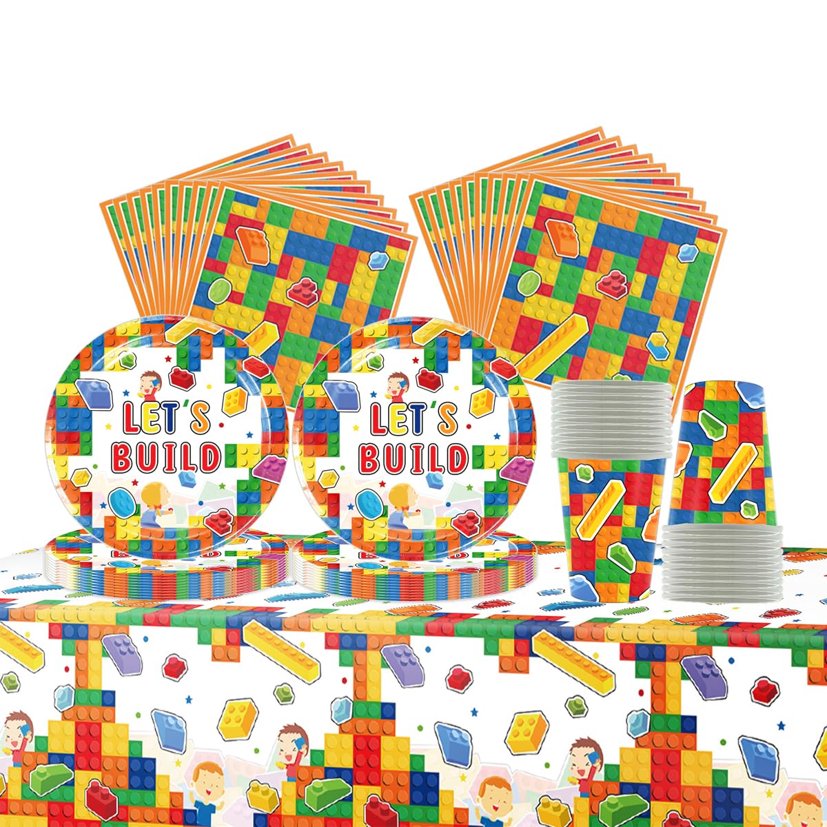 Blocchi di Costruzione Stoviglie per feste, Stoviglie per compleanni per bambini, mattoncini da costruzione Set di piatti di carta per feste, Compresi bicchieri, tovaglioli e tovaglie
