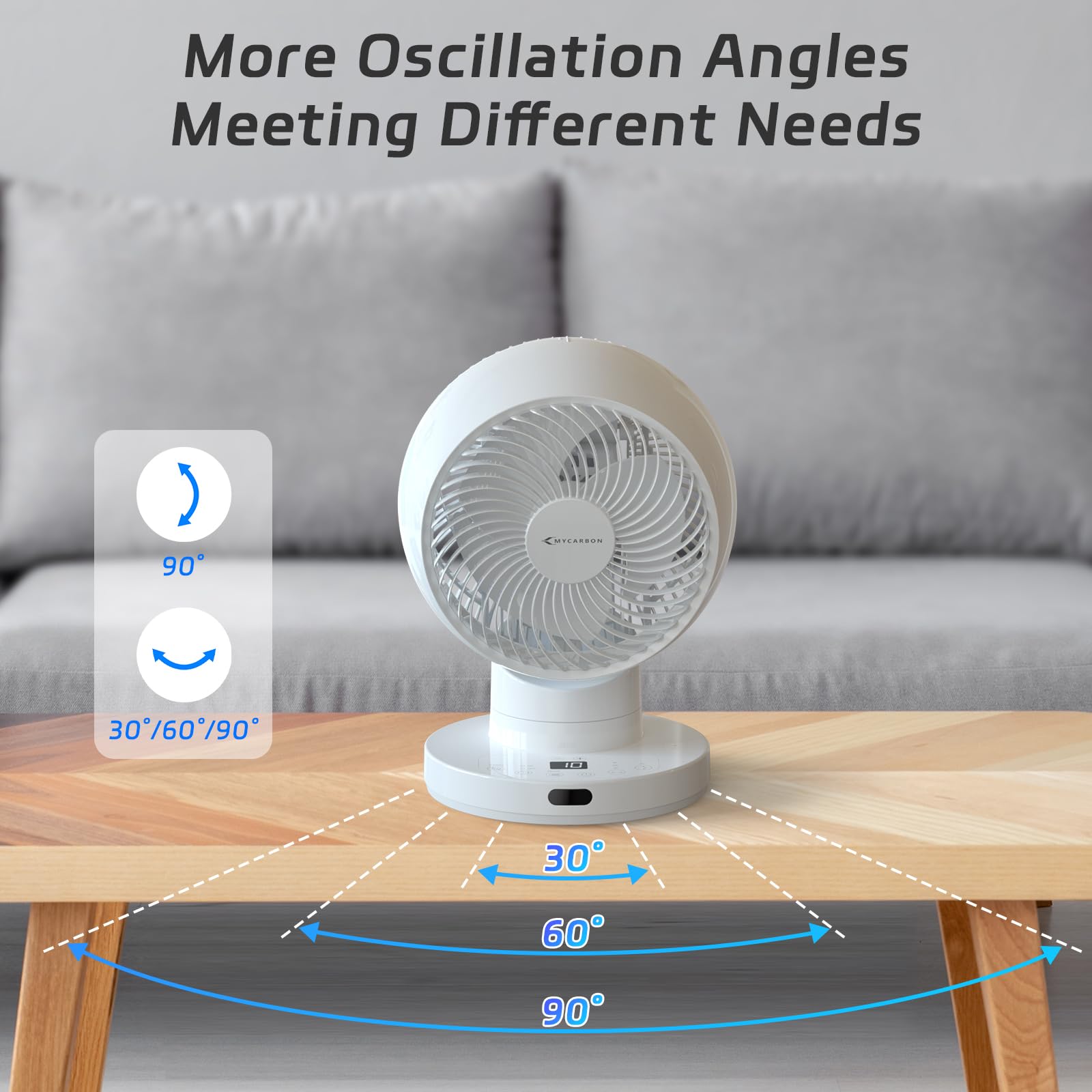 MYCARBON Turbo Ventilador de Mesa Silencioso 20dB Motor DC Ventilador Potente 30°-60°-90° Oscilación 11 Velocidades Temporizador 12h y Encendido Programado, con Control Remoto