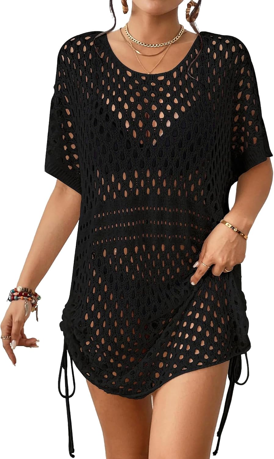 Bsubseach Crochet Coverups for Women 2025 Hollow Out Swimsuit Cover Up Knit Summer Beach Cover Ups Dress with Drawstring