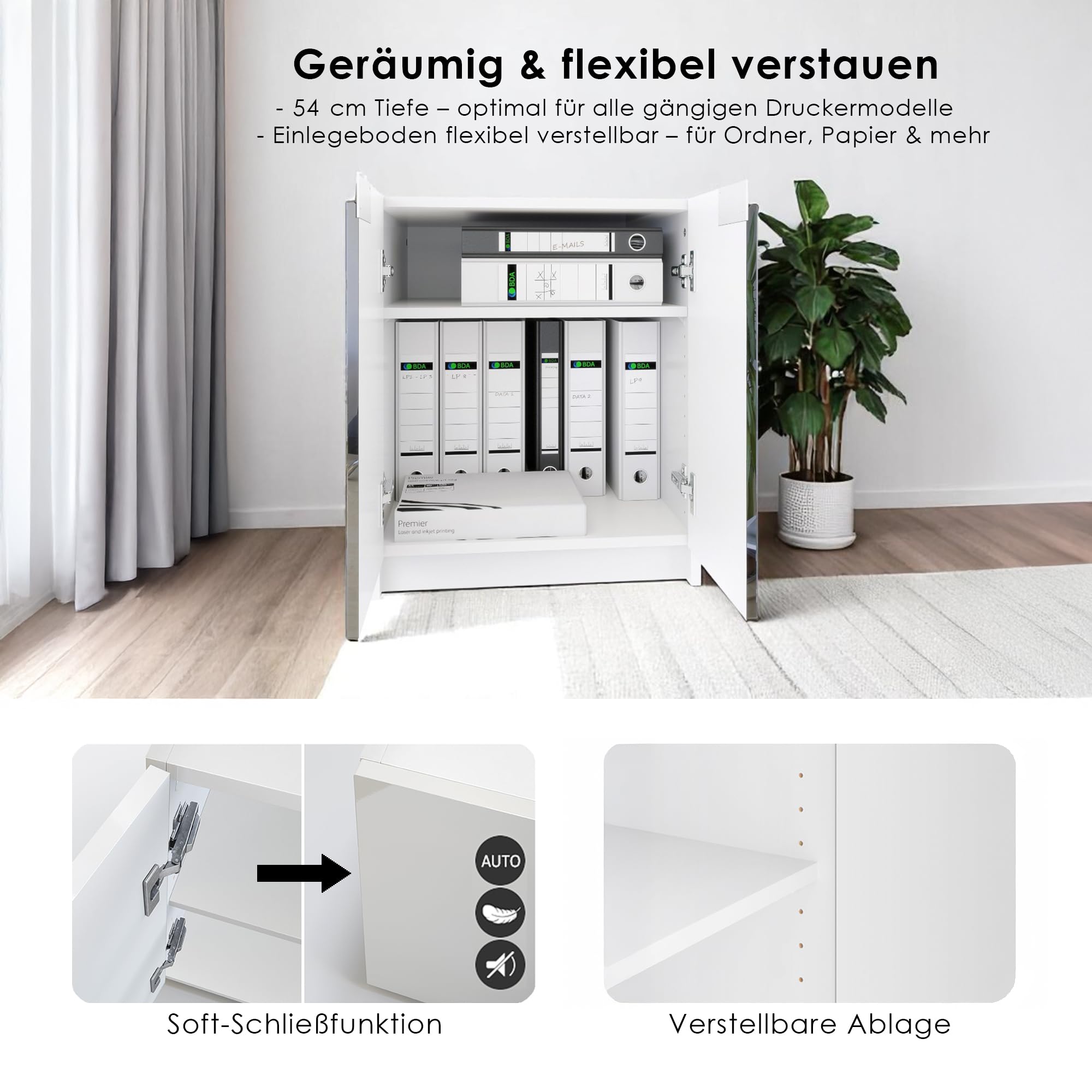 Vladon Druckerkommode Logan, Aktenschrank mit 2 Fächern und 2 Türen, Korpus in Weiß matt, Fronten in Eiche Natur, (51 x 60,5 x 54 cm)