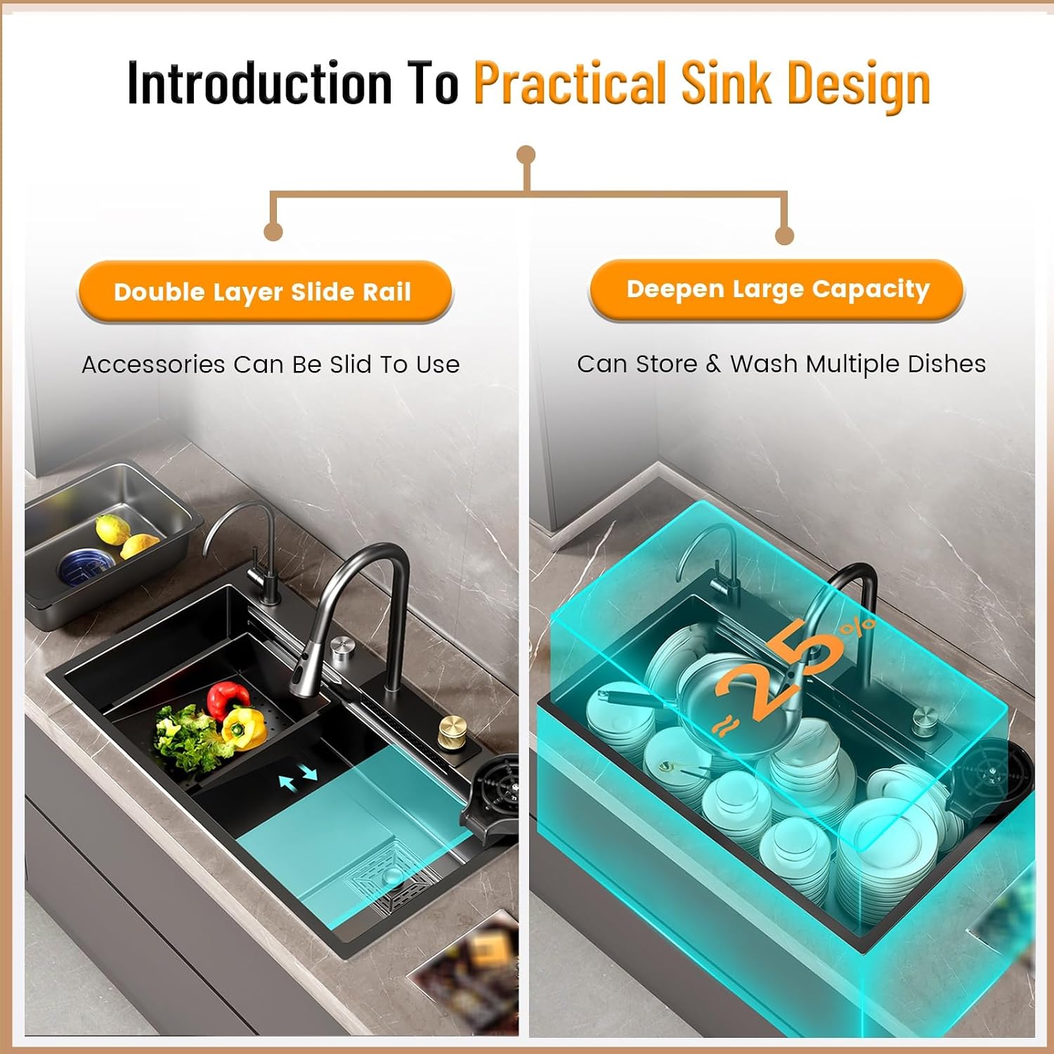 304 Stainless Steel Waterfall Kitchen Sink With Pull Out Faucet, Multifunctional Workstation Sink With Cup Washer & Drain Accessories, Kitchen Bar Prep Sink, Farmhouse Sink,One Color-75x45x21cm