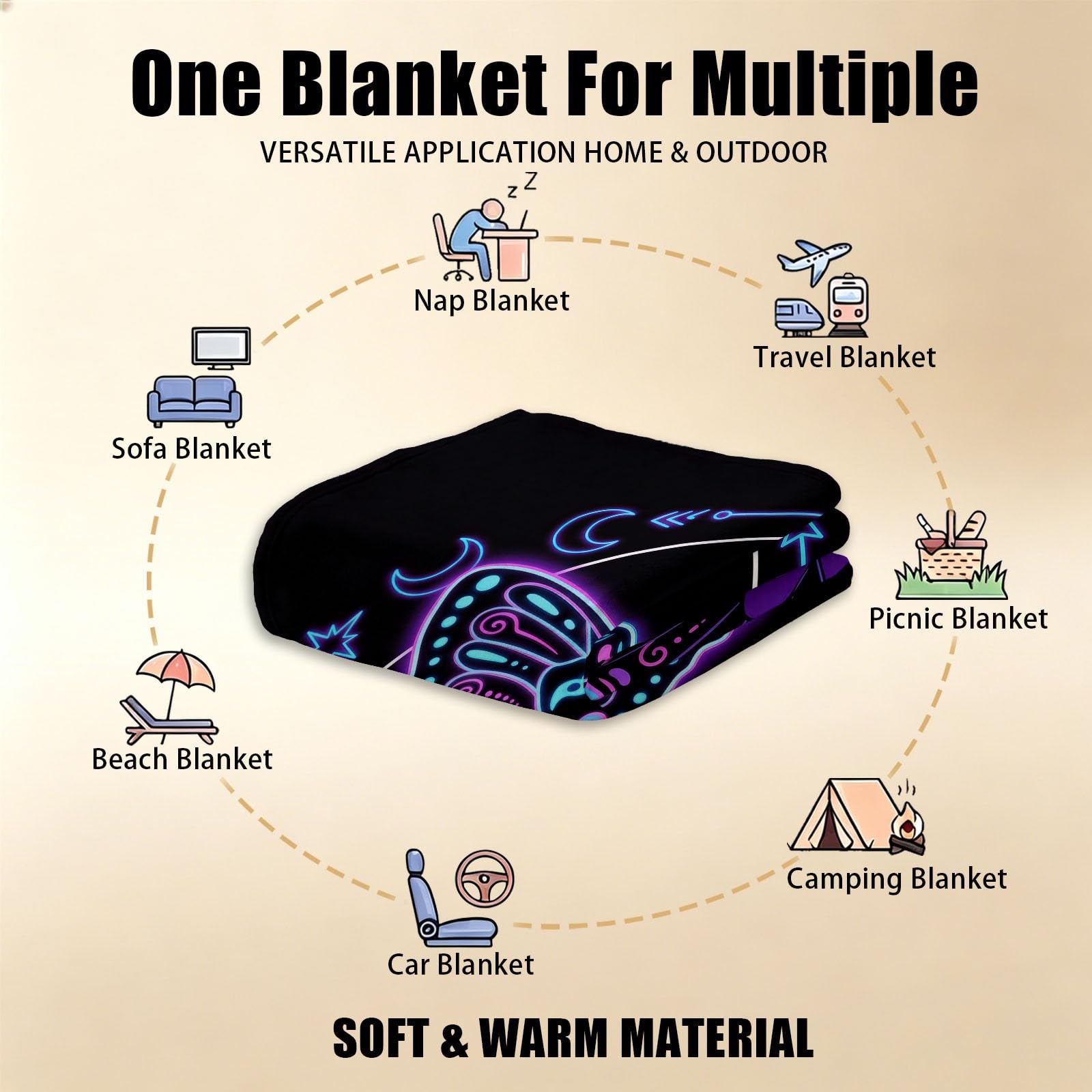 Manta de franela con estampado de fantasía, 150 x 200 cm, manta suave para cama, silla, sofá, sofá, neón, símbolo celestial, animal, mariposa, mullida, manta de felpa para aire acondicionado y siestas