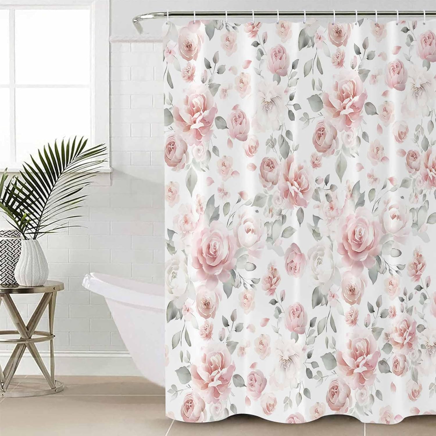 Pink Spring Floral Shower Curtain Set - Extra Long 72" x 96" Washable Bathtub Curtain with 12 Hooks, Watercolor Summer Flower Rustic Leaves Waterproof Fabric Stall Shower Curtains for Bathroom Décor