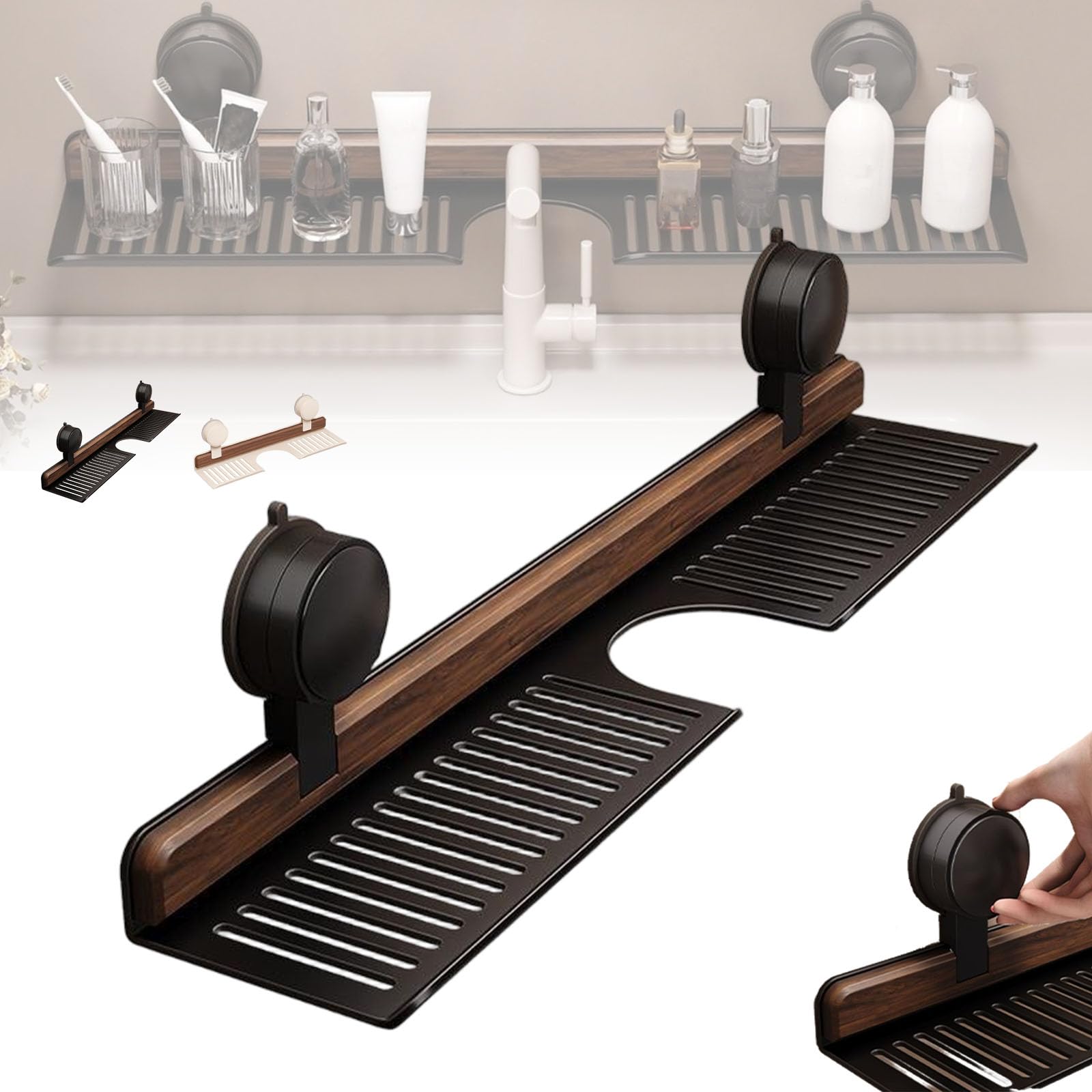 Étagère de douche amovible en noyer 40cm et rangement cuisine sans perçage noir