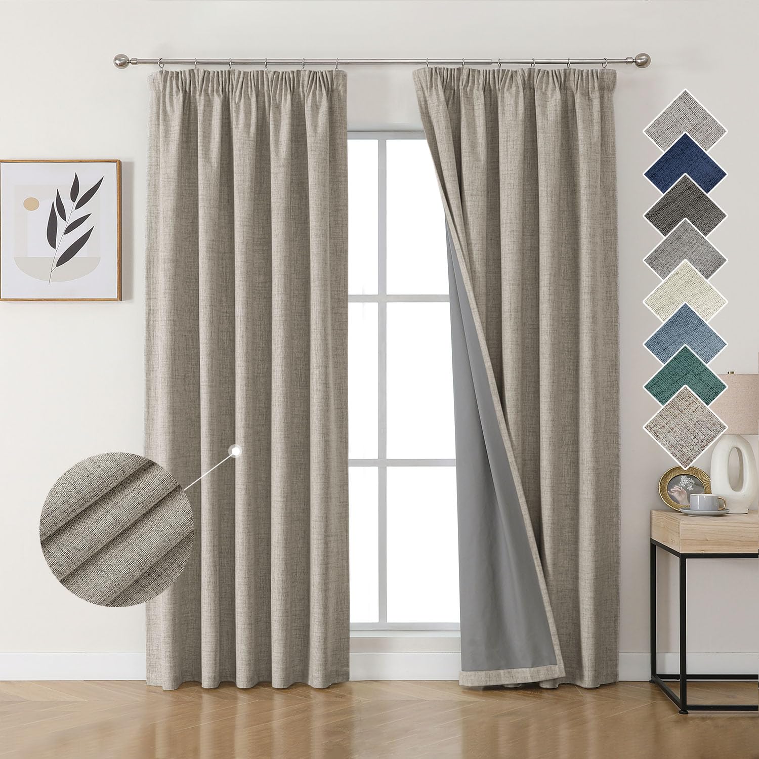 Joydeco 100% Verdunkelungsvorhänge Leinen Gardinen mit Kräuselband 2er Set H229xB117cm Leinen, Thermovorhang Kälteschutz Blickdicht Schallschutz Ideal für Wohnzimmer passt zu Schienensystemen
