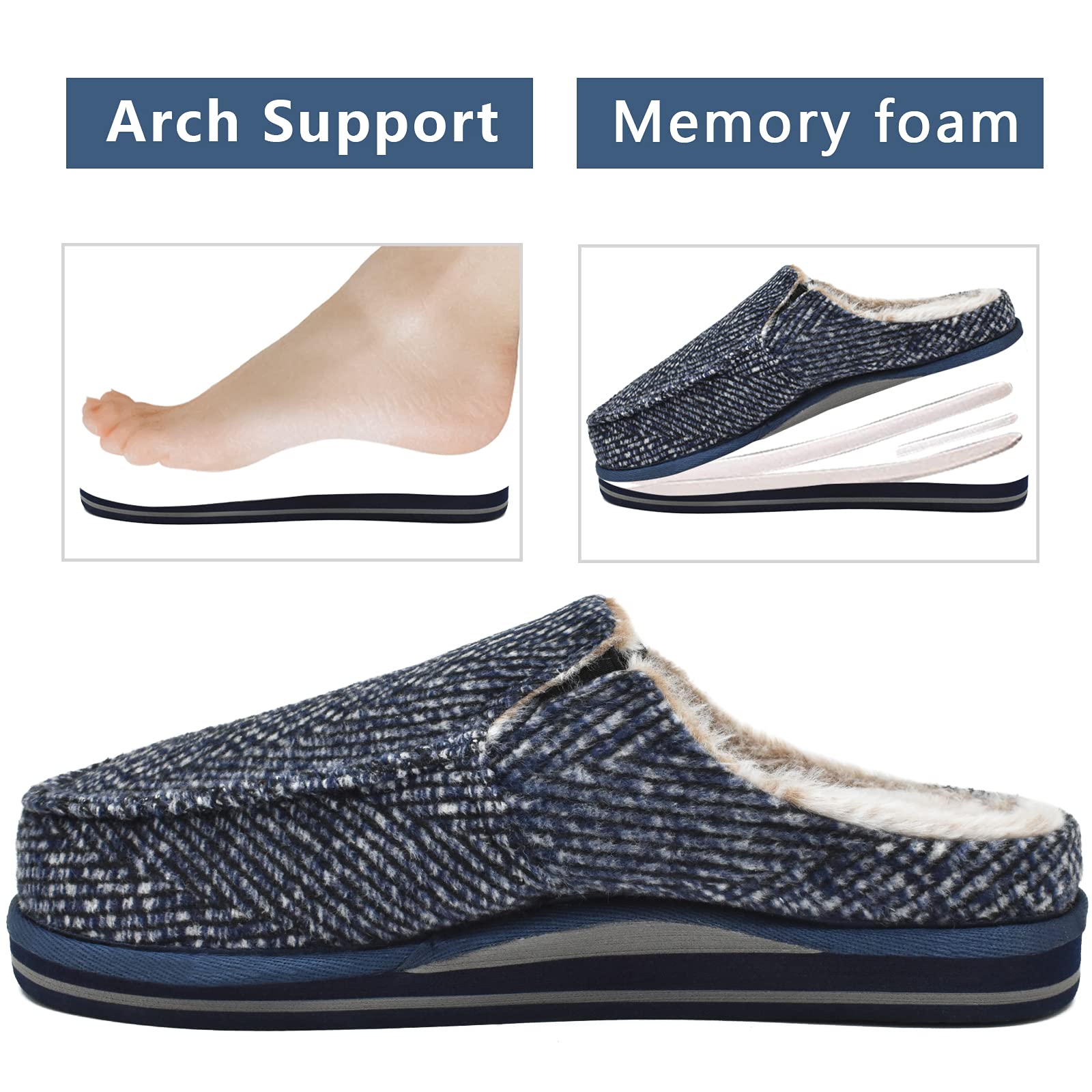 ONCAI Pantofole da Uomo in Comfort Pelo Cotone Strisce Ciabatte da Casa in Lana con Memory Foam Supporto Arco Suola in Gomma Taglia 40-50