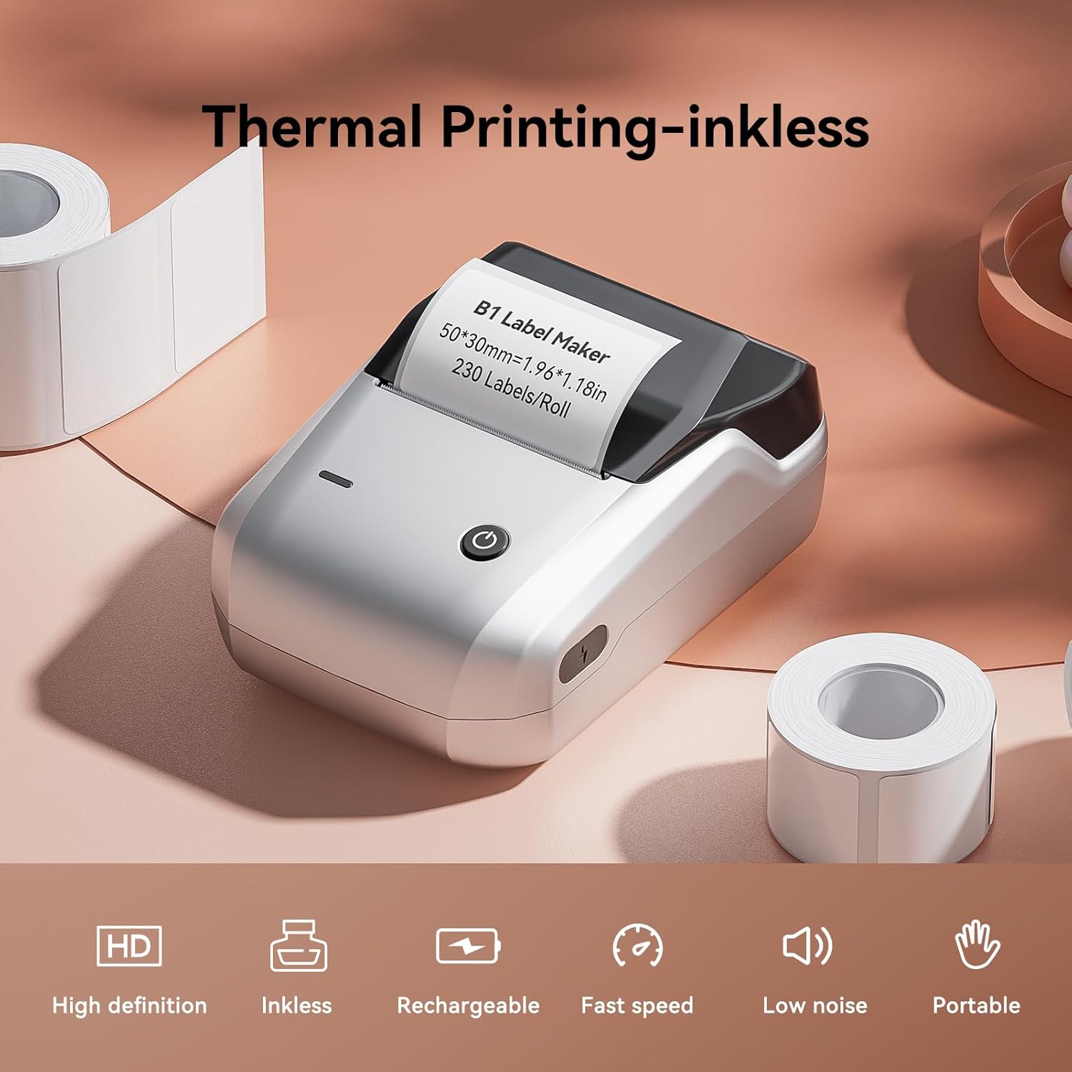 NIIMBOT B1 Label Maker Machine (Silver Gray) with Tape with 50×30mm White Label, Compatible with Phones & PC