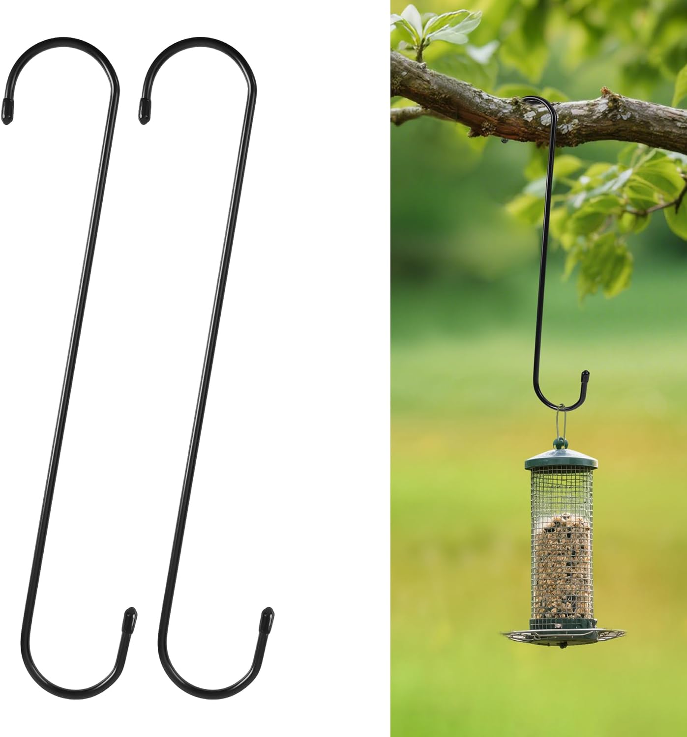 12 Inch Large S Hooks for Hanging Plants, Black Metal Heavy Duty Long Hook for Hanging Bird Feeder, Bird House, Clothes, Wind Chimes, Flower Basket, 2 Pack