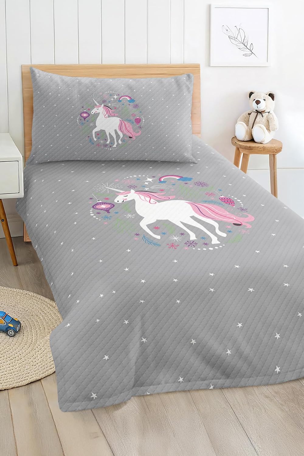 SODEF Quilt Set Pink Unicorn Pattern on Gray Background Kids and Teens Room Bedspread Lightweight Breathable Cotton Polyester Blend 63x87 in - Multicolor, One Size