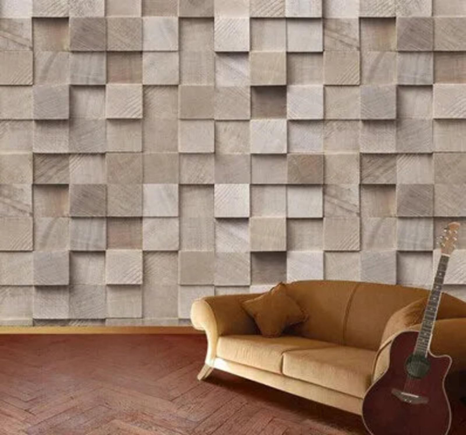 Wallpaper-3D-Xlm 350Cm×256Cm(B×H) Vintage Wooden Square Checkered Grid 3D Wallpaper Easy Install Feature Office Living Room Sofa Bedroom Tv Background Wall Decoration-350Cm×256Cm