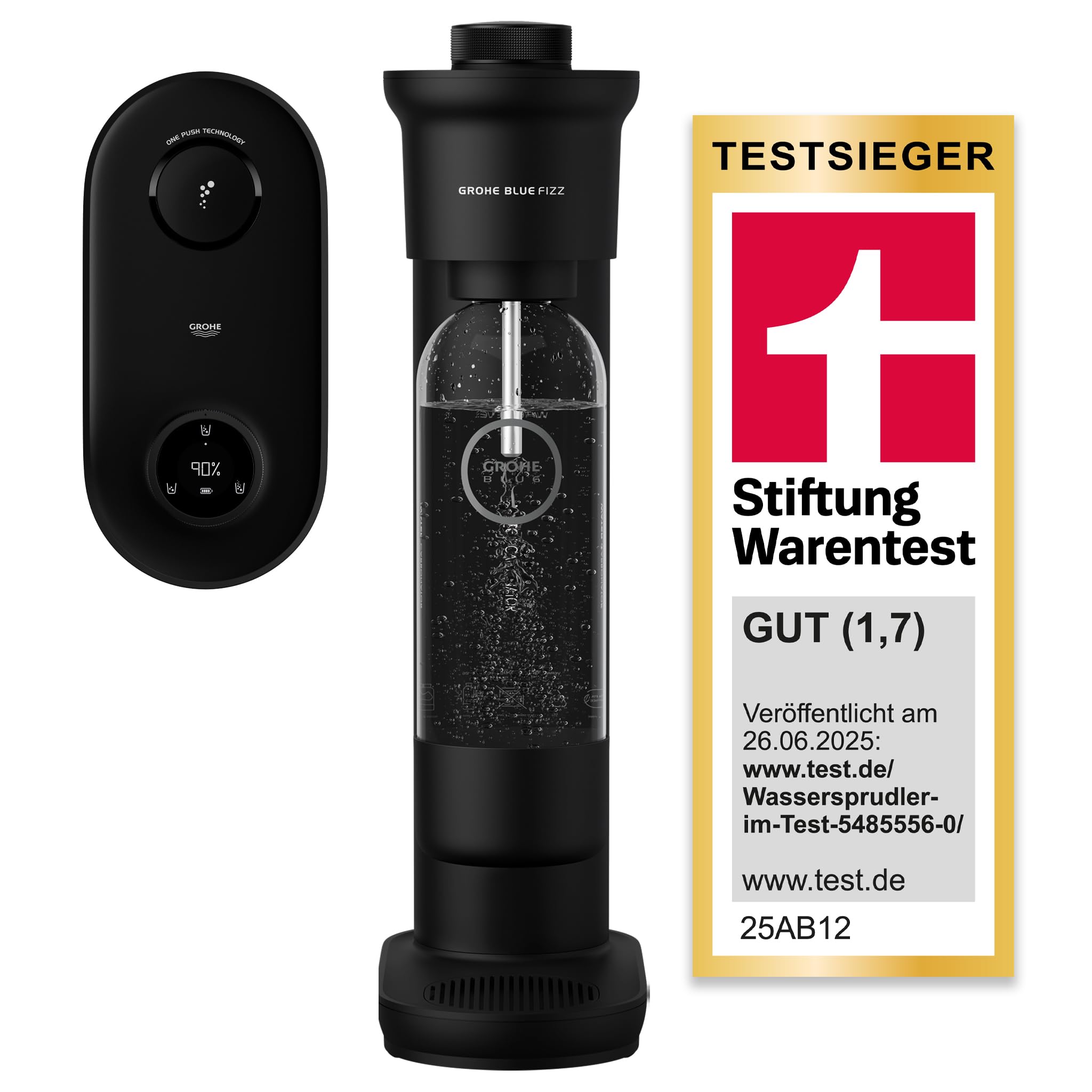 GROHE Blue Fizz, Wassersprudler Starter Set (mit CO2-Füllstandsanzeige, 3 einstellbare Sprudel-Stufen, ohne CO2 Flasche, 1x 0,85l Wasserflasche + Reinigungspulver), schwarz, 31947K00