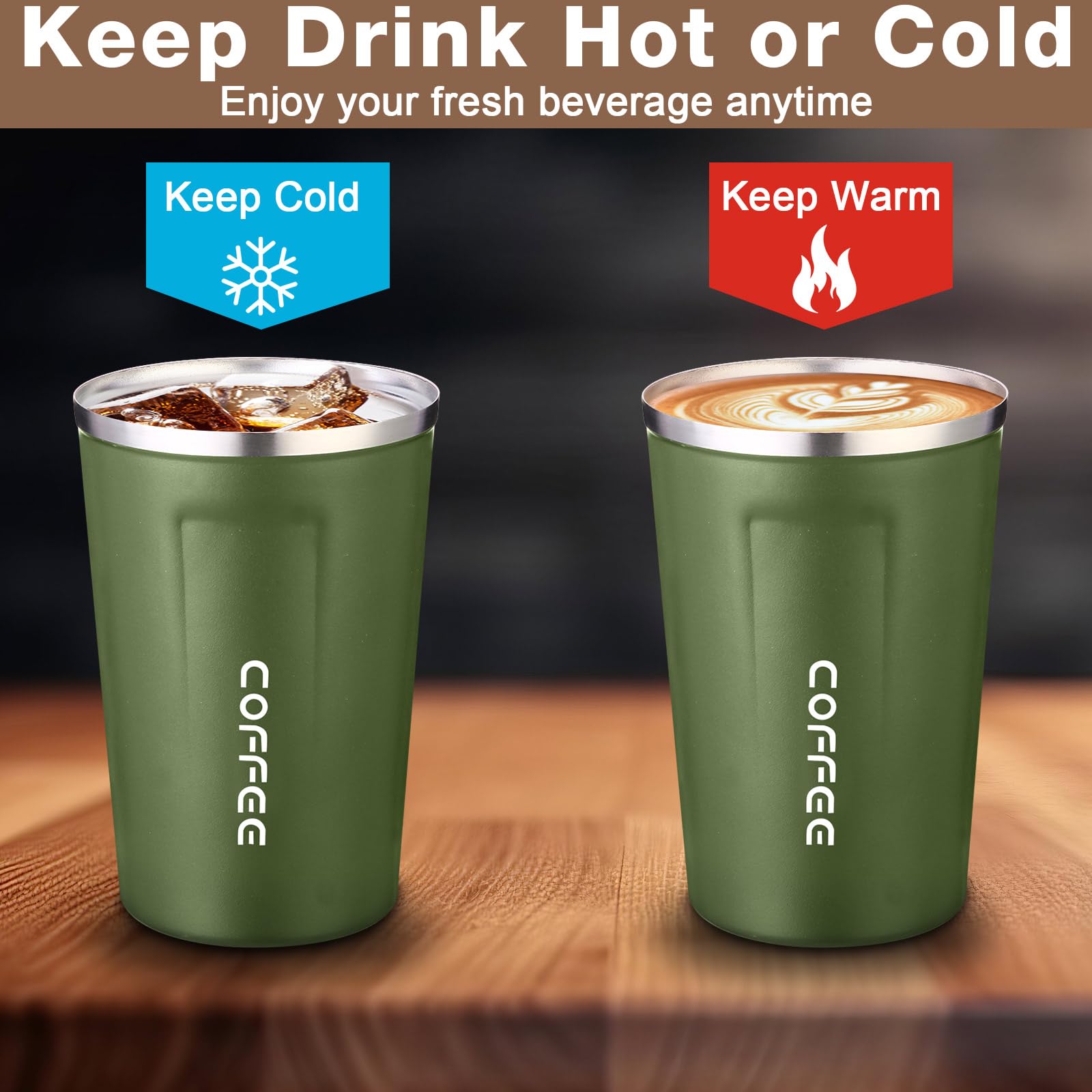Qinyoung Wiederverwendbarer Kaffeebecher aus Edelstahl, vakuumisoliert, Reise-Kaffeebecher mit Deckel, auslaufsicher, doppelwandig, Thermobecher für heißen und Eiskaffee, Wasser, Tee, Schwarz, Grün,