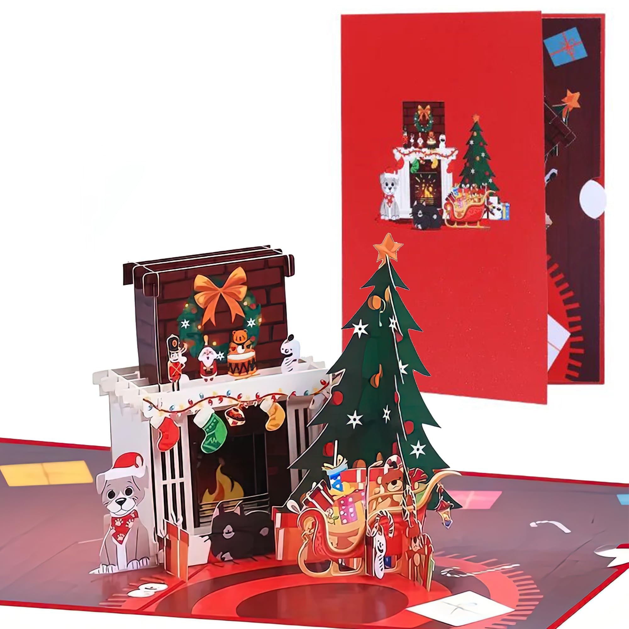 Hee Gifts 3D Christmas Fireplace Popup Greeting Cards With Dog - Christmas Tree Card - Handmade 3D Popup Cards for Christmas Includes Envelope and