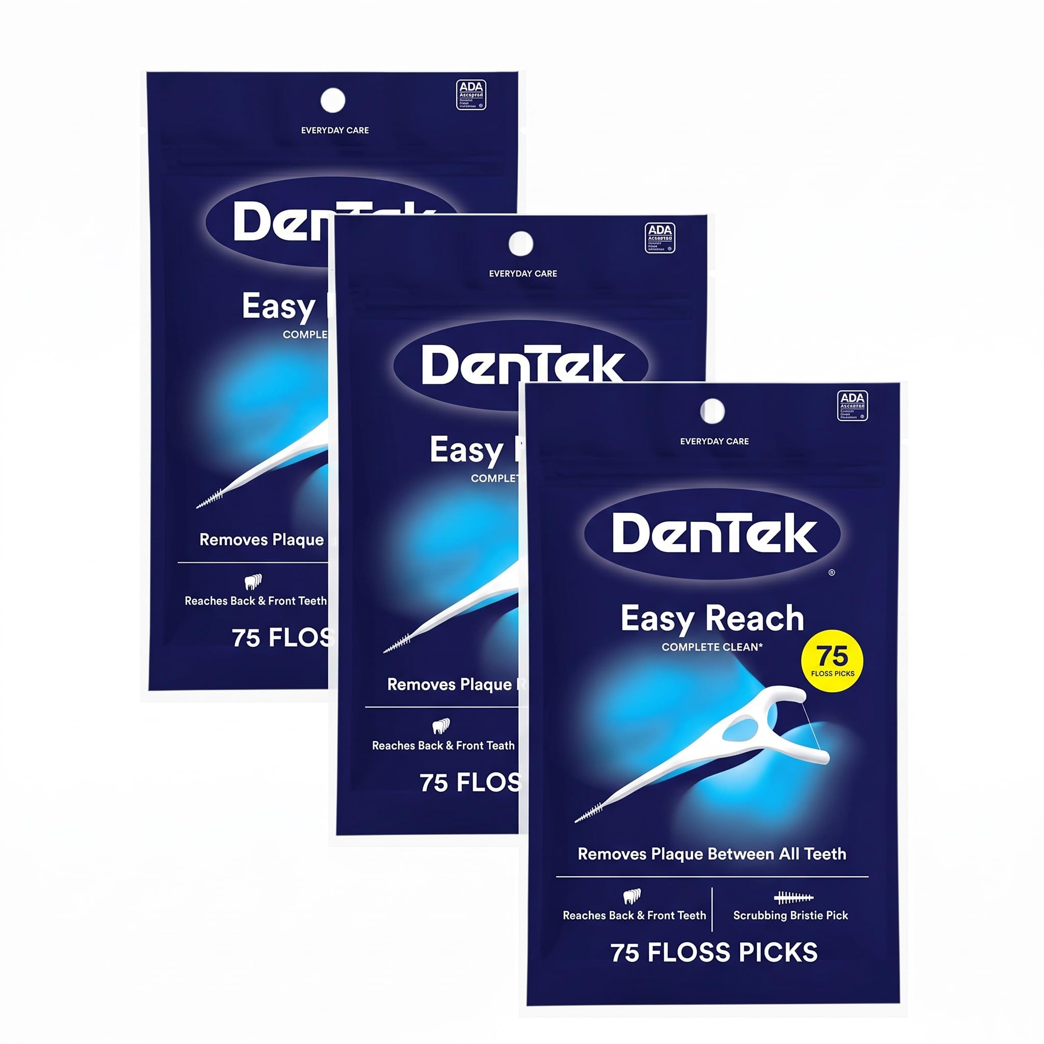 DenTek Complete Clean Easy Reach Floss Picks, No Break &amp; No Shred Floss, 75-Count, 9 Pack