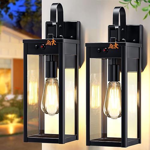 Paquete de 2 luces solares de porche de 17 pulgadas, luces de movimiento impermeables para exteriores, iluminación exterior negra del atardecer al