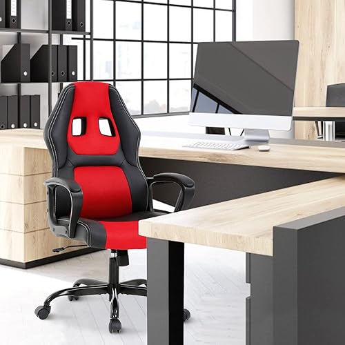 Miniatura 7 de Sillas de videojuegos para computadora, respaldo alto, ergonómica, de cuero, con soporte lumbar y reposacabezas, silla de escritorio ejecutiva Rojo