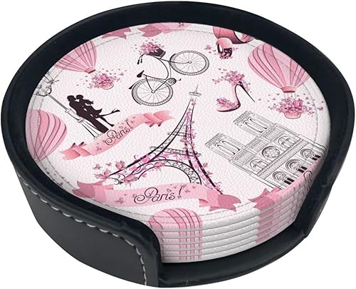 Miniatura 3 de Famame Posavasos románticos de cuero de la torre Eiffel de París para bebidas con soporte, juego de 6 posavasos de mesa para beber, sala de estar,