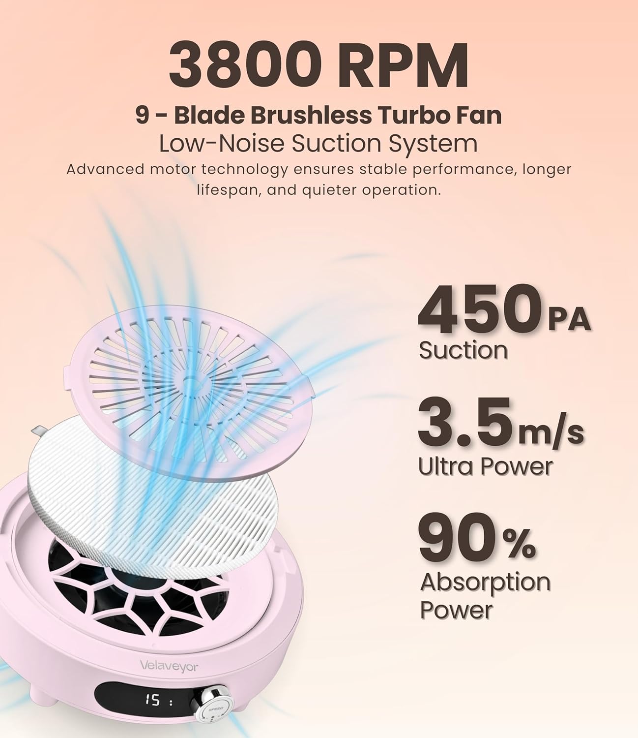 Nail Dust Collector, Rechargeable & Cordless 3800 RPM Low Noise Nail Vacuum Fan with LED Display, Adjustable Speed, Reusable Filter, 30 Pcs Paper, for Acrylic Nails, Salon & Home, Pink