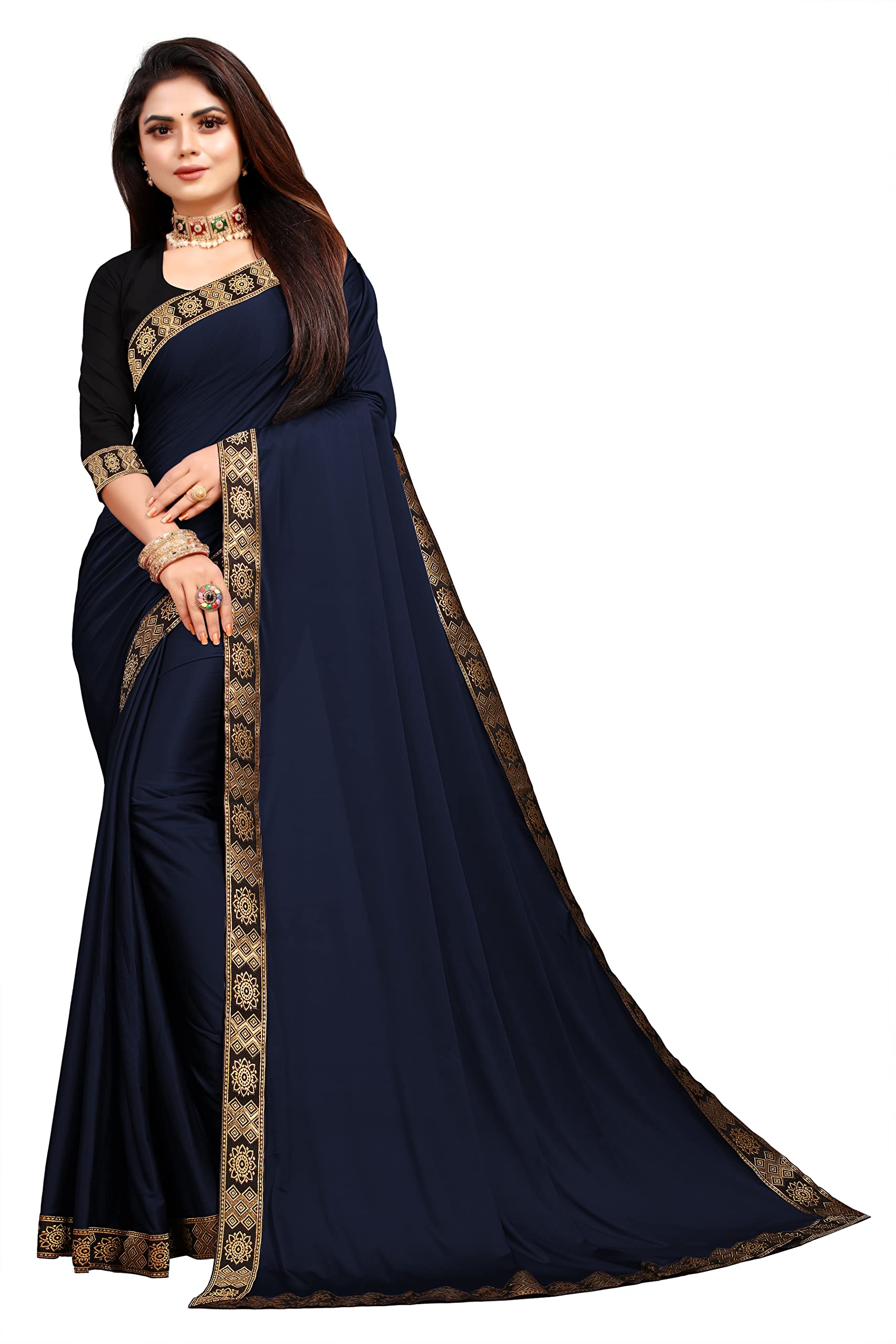 3Buddy FashionWomen's Lycra Plain Jacquard Lace Border Gorgeous Saree with Blouse Piece