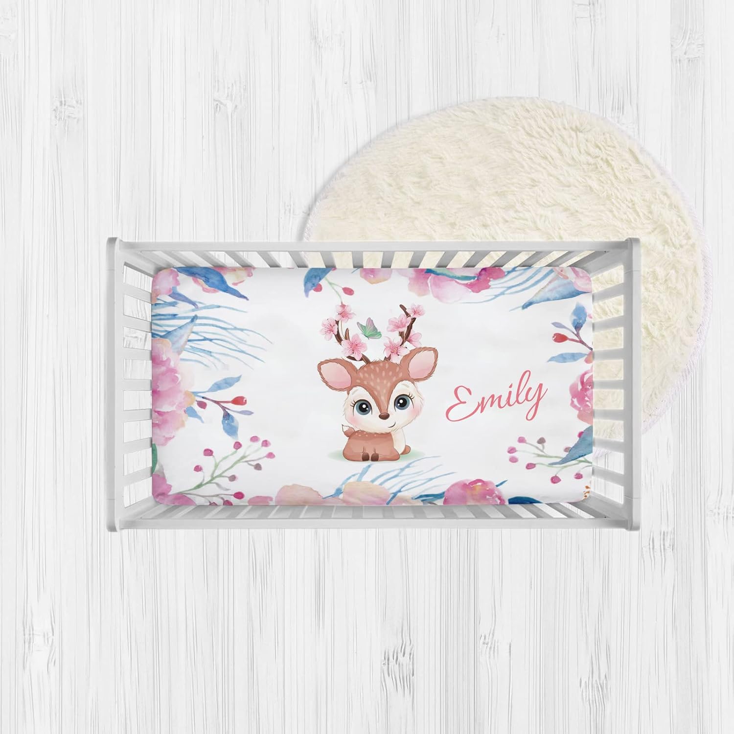Little Deer and Fox Baby Crib Sheets, Personalized Fitted Crib Bedding Sheets with Name, Custom Pack and Play Sheet, Crib Mattress Sheets for Baby Boys Girls, Mini Crib Sheet | Name Crib Sheet