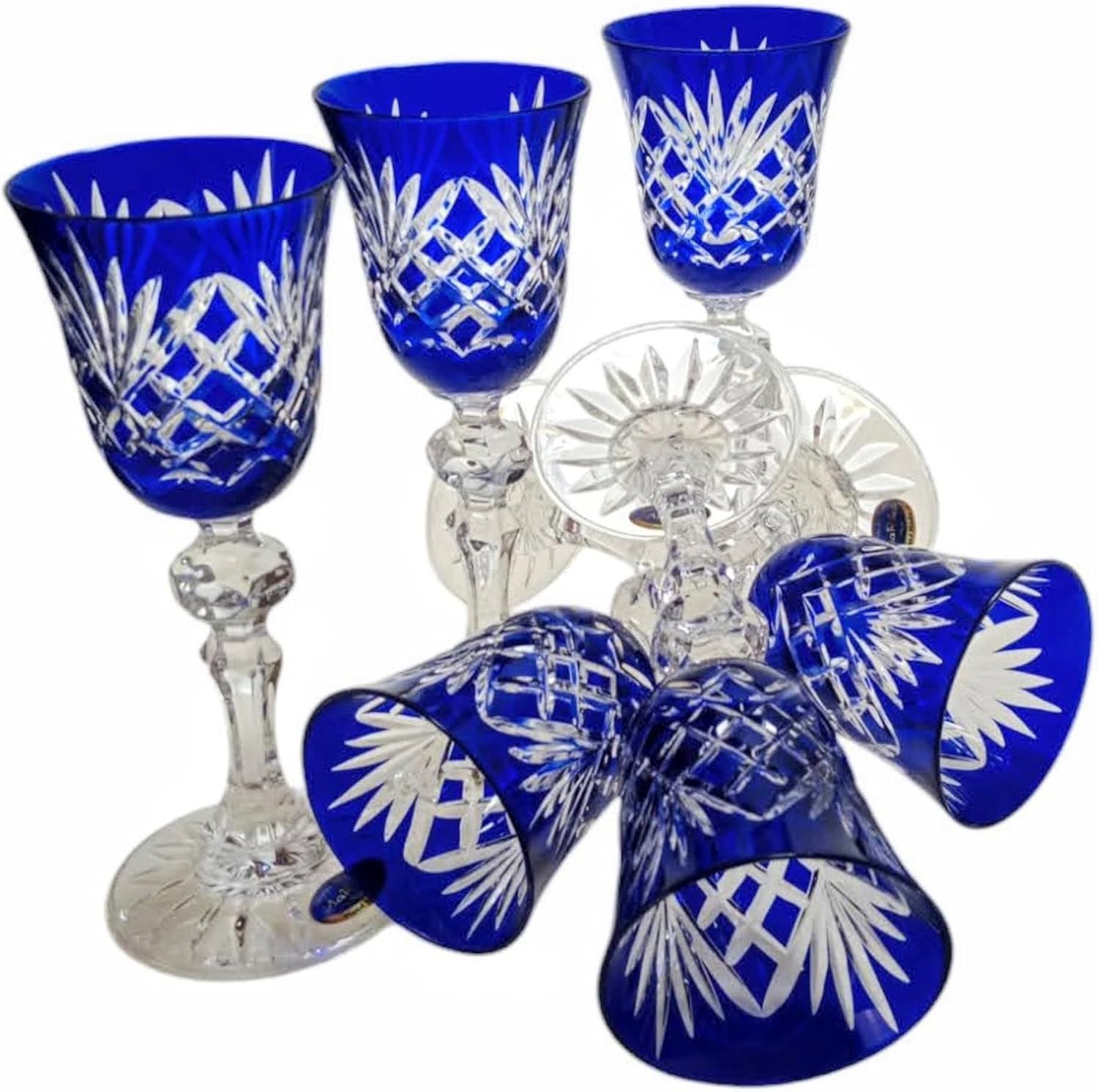 MaRika Crystal Liqueur Glasses 60ml - Set of 6 Cobalt Hand Decorated Elegant Glass for Liquors and Spirits - Gift Idea