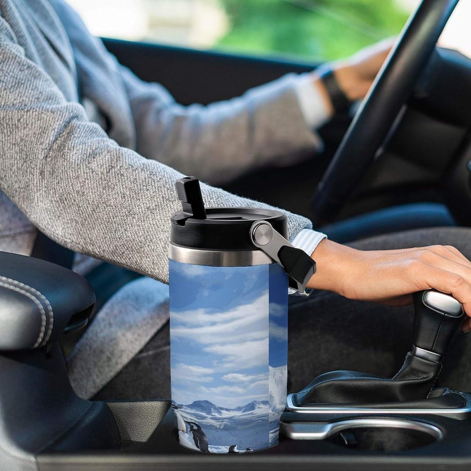 Snow Mountain Penguin Water Bottle 30 Oz Fits Car Cup Holder,Insulated Coffee Mug Large Capacity Car Cups,Stainless Steel Double Wall Sport Bottle for Travel Sports Gym