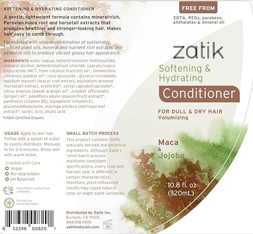 Miniatura 3 de Zatik Naturals - Champú suavizante e hidratante + acondicionador - con maca y jojoba para todo el cabello, vegano, biodegradable, pH equilibrado,