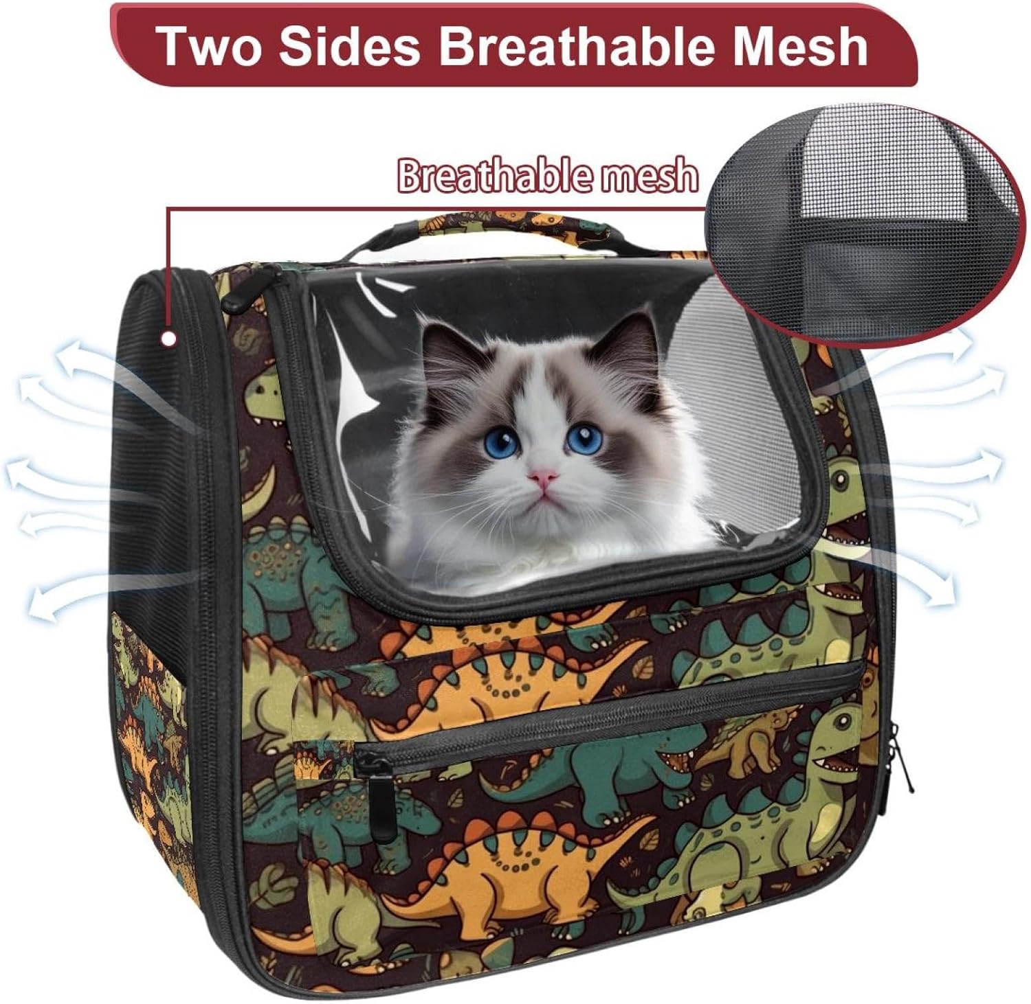 Portable Travel pet Backpack Carrier Hamster Bag Small Dog cat Carrier Breathable Hang Bag, Dinosaur