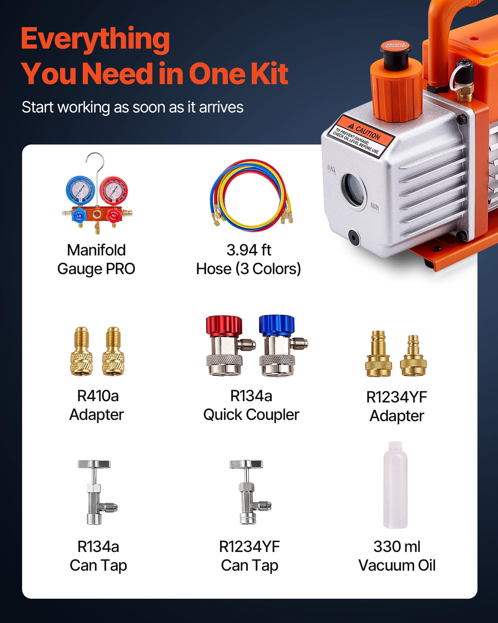 VEVOR Bomba de Vacío 115 L/min Manómetro Aire Acondicionado Una Sola Etapa Paletas Rotativas Detector Fugas Bolsa Transporte Refrigerantes R134a R22 R410a R1234YF