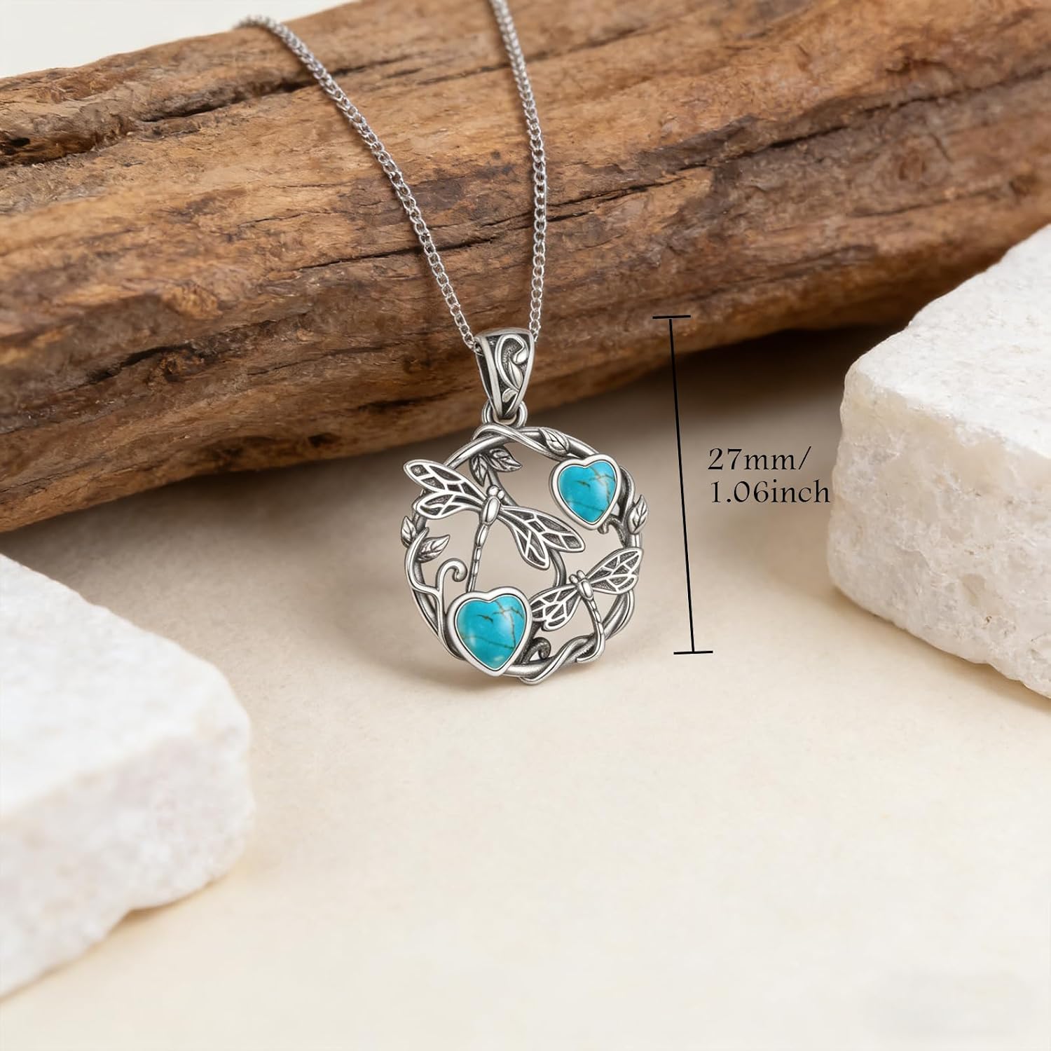 Vintage Dragonfly Pendant Necklace for Women, 925 Sterling Silver Heart Turquoise Boho Jewelry Unique Birthday Gift for Her