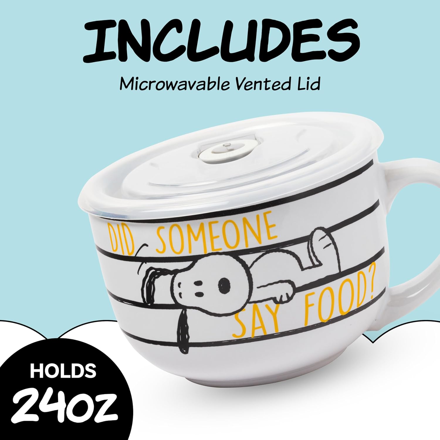 Silver Buffalo Peanuts Snoopy and Woodstock Did Someone Say Food Ceramic Soup Mug with Vented Plastic Lid, 24 Ounces - Image 3