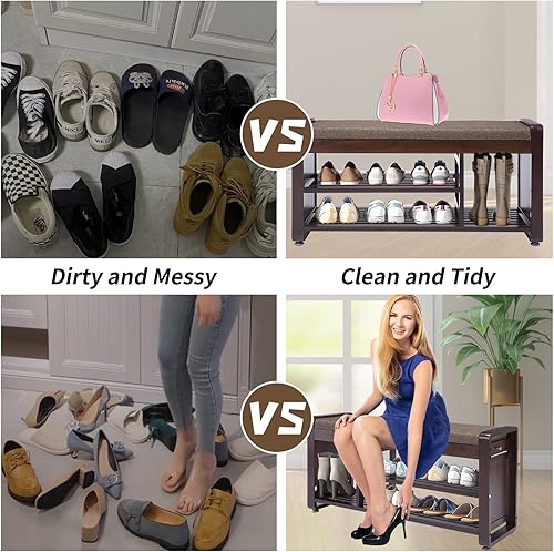 Miniatura 4 de Banco de zapatos de bambú con 3 ganchos laterales, cojín gris extraíble, almacenamiento de zapatos de entrada de 2 niveles, 37.4 x 11.4 x 19.3