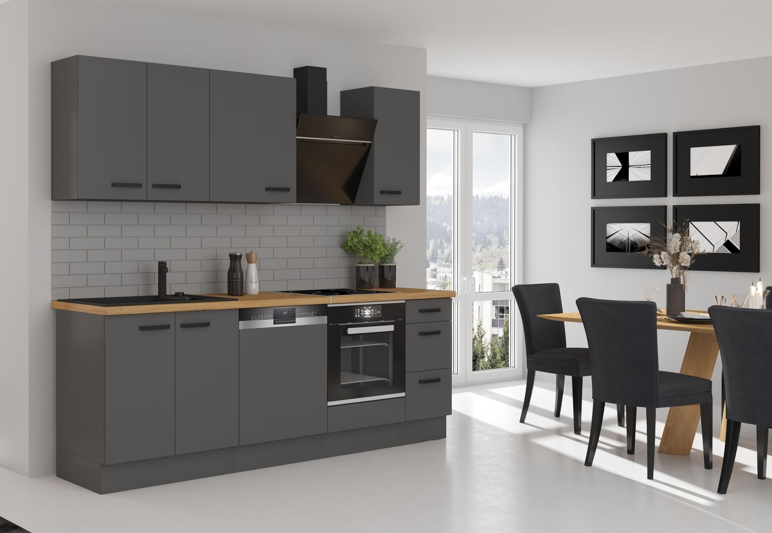 Küche Nessa Basic 240 cm – Anthrazit Grau Küchenzeile / Küchenblock (Einbauküche)
