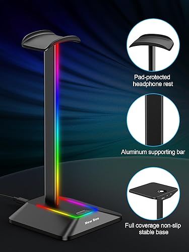 Miniatura 5 de New bee RGB Headphone Stand Desk Gaming Headset Holder with 7 Light Modes and Non-Slip Rubber Base Suitable for All Earphone Accessories(Black)