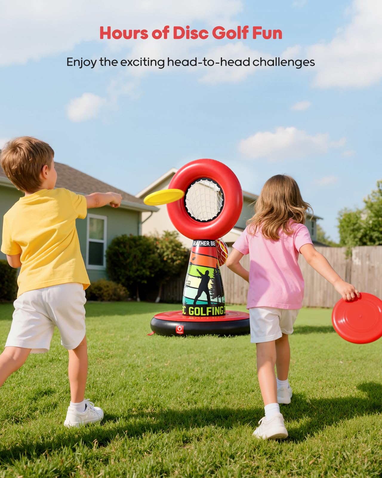 QPAU Set de Disc Golf Inflable para Niños y Diversión Familiar, Juego Completo de Exterior con Cesta Objetivo, 4 Discos Voladores y Bomba, Juegos de Jardín para Niños-Regalos Ideales para Adolescentes