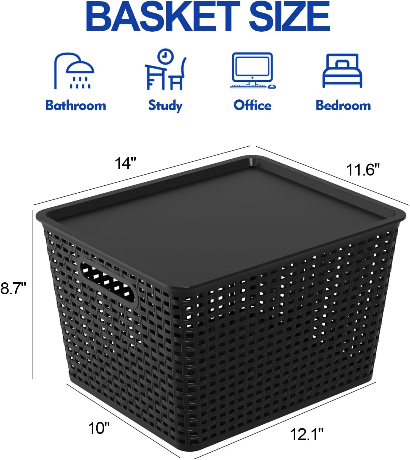 Ramddy Large Plastic Basket with Lid, Black Woven Storage Baskets, 6 Pack