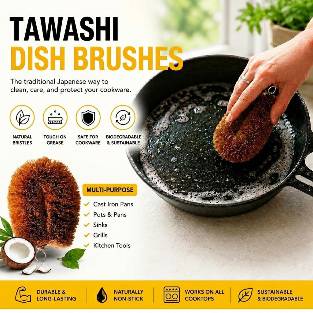 Zestaw 3 pędzli do szorowania warzyw Tawashi, 100% naturalne włókno kokosowe, peeling owocowy, przyjazna dla środowiska alternatywa dla gąbki, japoński design Kamenoko, szorownica do naczyń