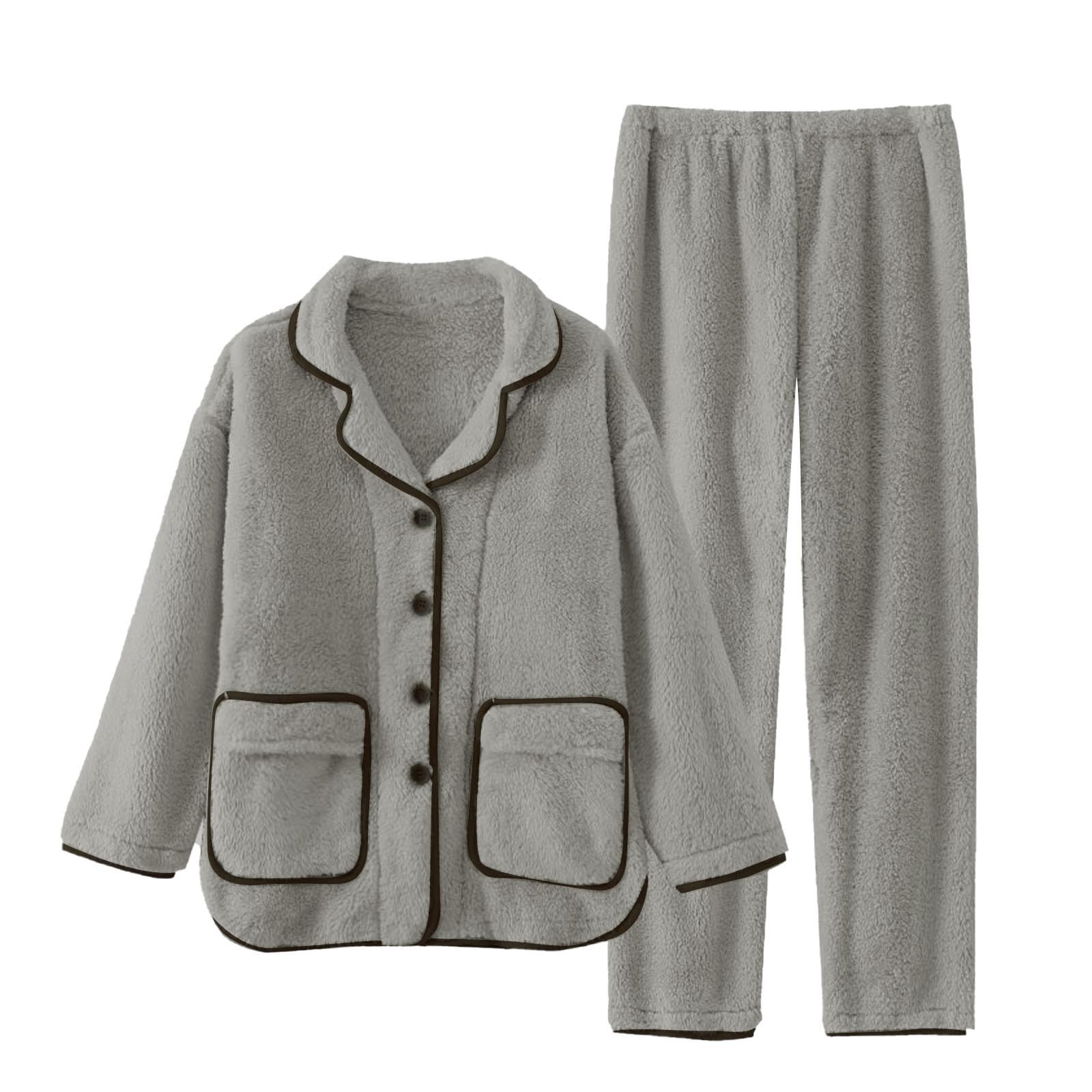 Generisch Pigiama in pile da uomo, in flanella, caldo, pigiameria, pigiameria invernale, a maniche lunghe, 2 pezzi, set Teddy Fleece + pantaloni pigiama con bottone