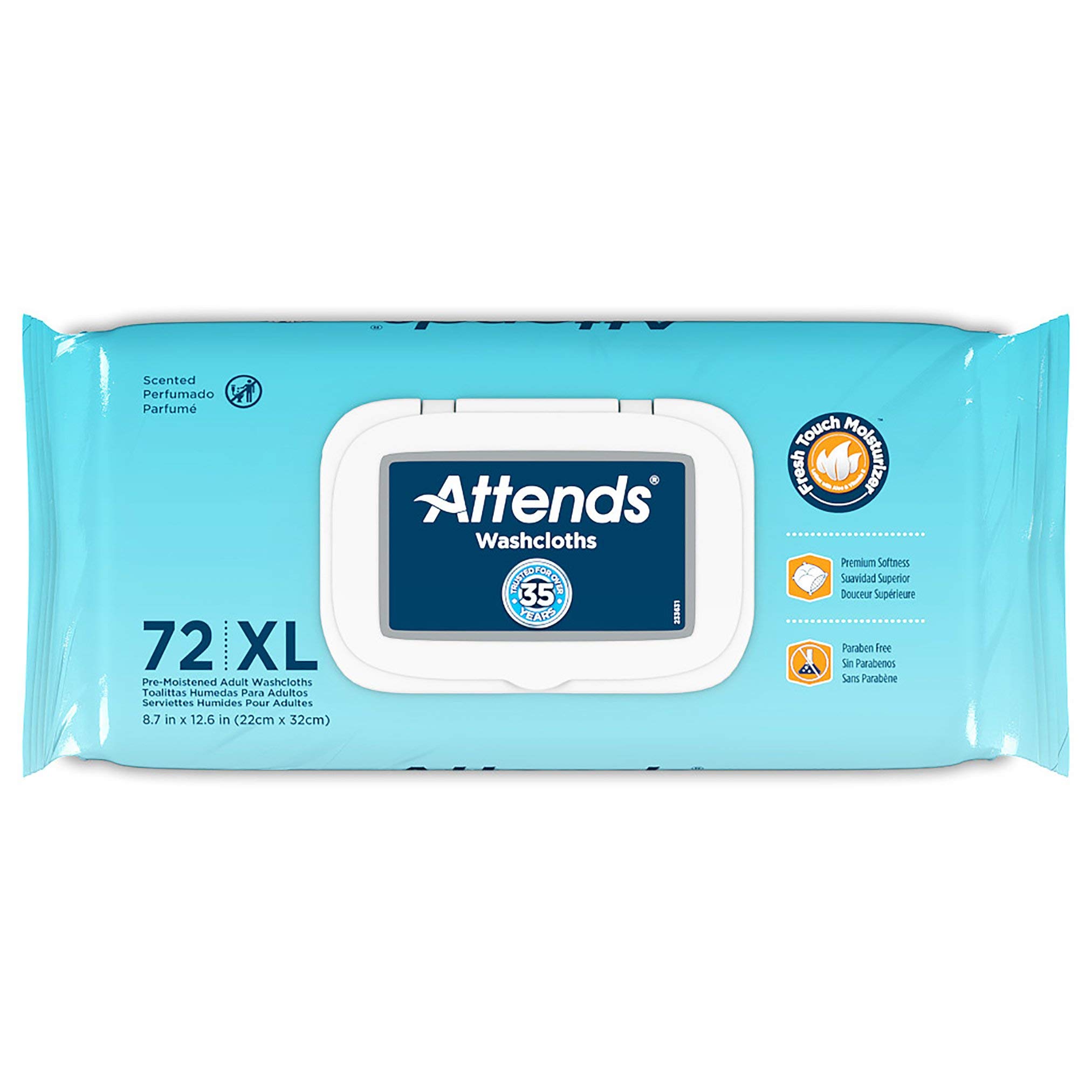 Attends Scented Washcloths for Adult Incontinence Care, Hypoallergenic, Latex and Alcohol Free, 7.8" x 11.8" Wipes, 72 Count (Pack of 12)