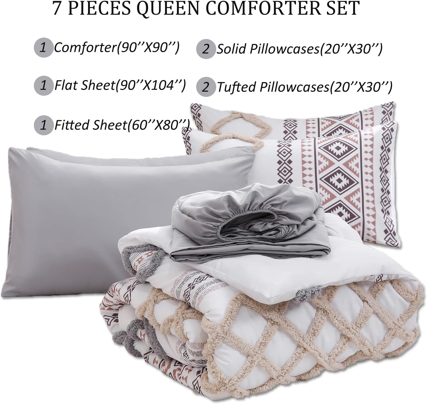 MOVE OVER Tufted Bed in A Bag Queen Size Gray and Cream Tufted Comforter Set 7 Pcs Diamond Grid and Boho Aztec Pattern Bedding Set Aesthetic Farmhosue Bedding Set for All Season