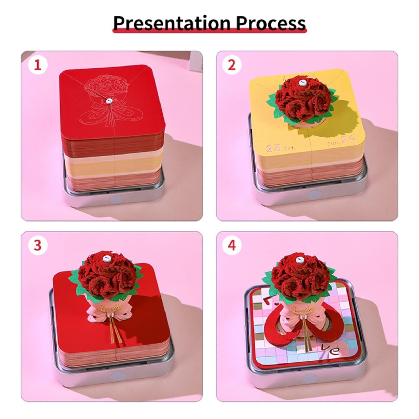Monatlicher Tischkalender Kalender 2026, Schreibtisch-Notizblock mit 3D-Katzenmotiv aus Papier, Geschenkidee Rezeptionisten-Zubehör(Rose Flower-B,Without Light)