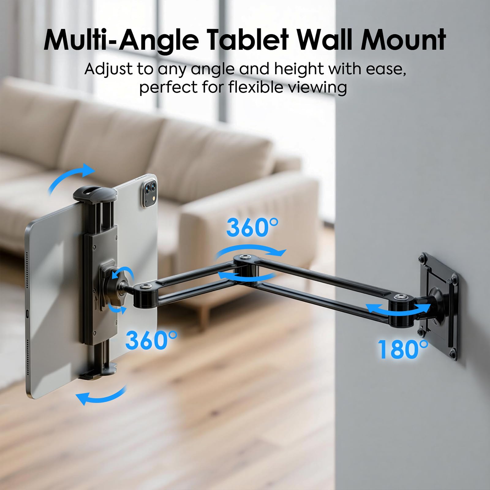MoKo Soporte para Tablets Universal, Soporte para Tabletas Plegable y Extensible para Teléfonos y Tabletas de 4,7"-14", Soporte de Pared Ajustable 360° para Cocina, Gimnasio, Oficina, Aula, Negro