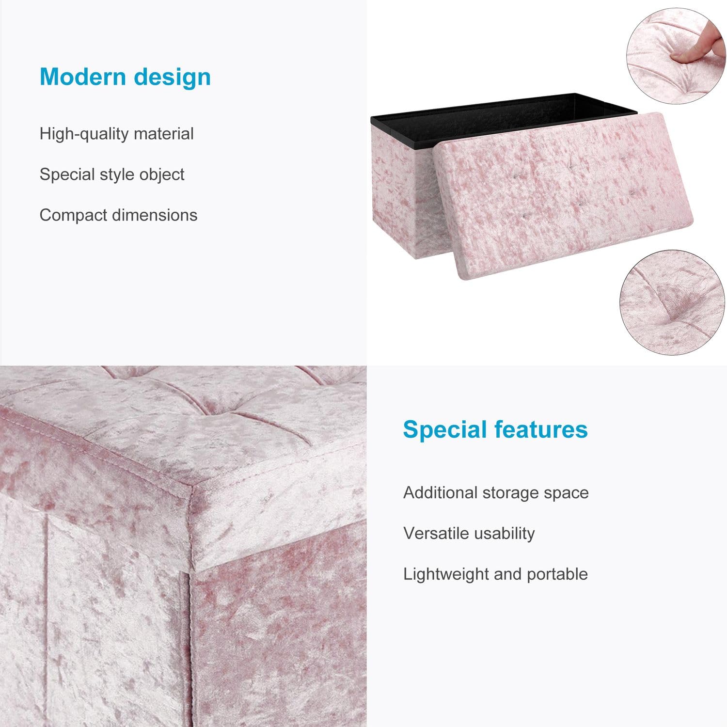 INTIRILIFE Banco Plegable 76x38x38cm en Terciopelo Rosa - Asiento Cubo con Espacio de Almacenamiento y Tapa con Funda de Terciopelo - Asiento Cubo reposapiés Plegable Caja de Almacenamiento Cofre